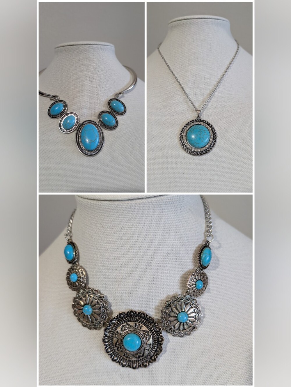 Silver-Tone Turquoise Pendant & Statement 3 Piece Necklace Set